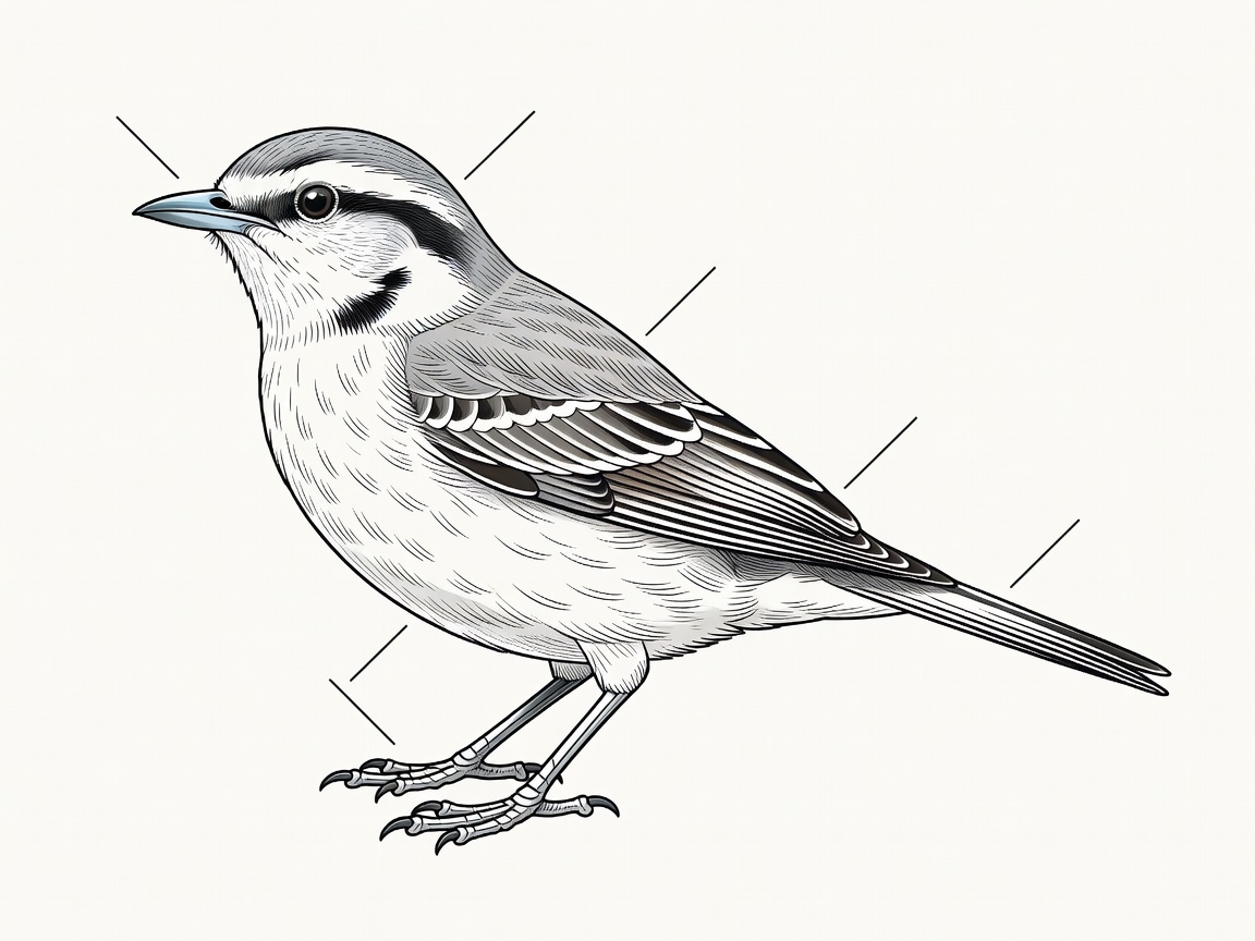 General illustrative bird diagram marking the bill, eye stripe, wing bars, tail and legs